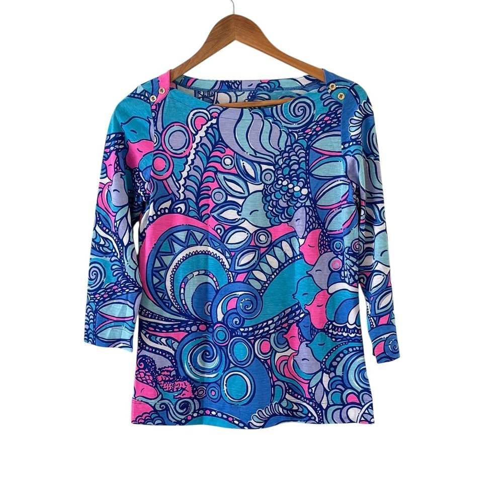 Lilly Pulitzer Alida Boat Neck Top‎ Womens Size S Multicolor Fish Paisley Preppy